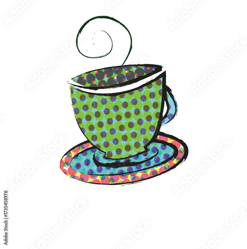 Colorful teacup with steam on white background