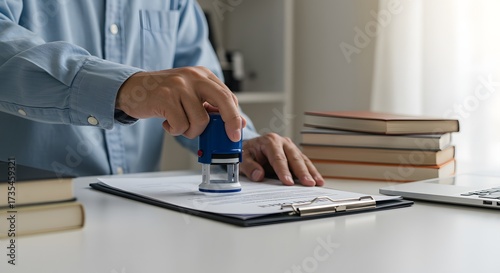 Man Stamping Document, Contract Approval, Business Concept