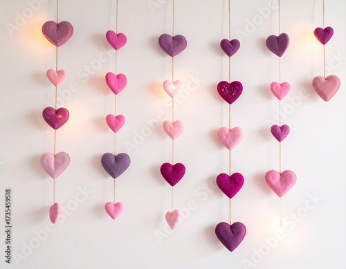 Hanging felt heart garland, shades of pink/purple, warm lights