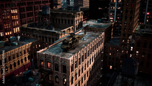 Fotografia A helicopter touches down on a rooftop surrounded by tall city buildings