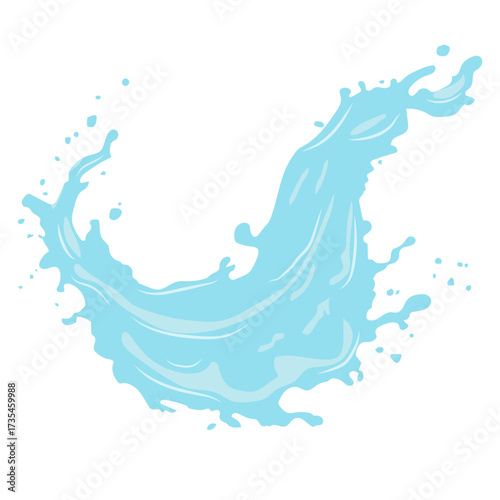 A vector illustration of a bright blue water splash with dynamic drops and smooth lines.