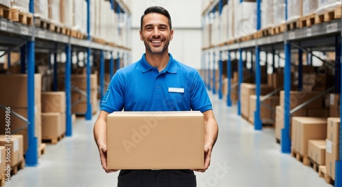 Smiling male warehouse worker in a blue uniform shirt holding a cardboard box while standing between tall, stocked storage racks in an industrial facility