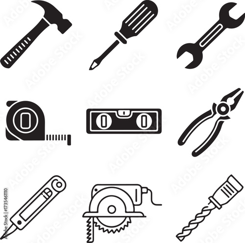Set of nine detailed home repair tools on a white background vector