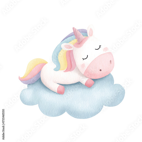 Adorable Watercolor Unicorn Sleeping on Cloud Cute Fantasy Illustration.