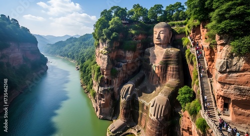 Leshan Giant Buddha overlooking Min River, Sichuan, China.