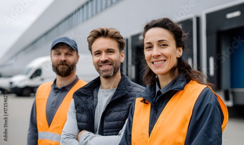 A professional team of logistics workers, standing in front of a modern warehouse