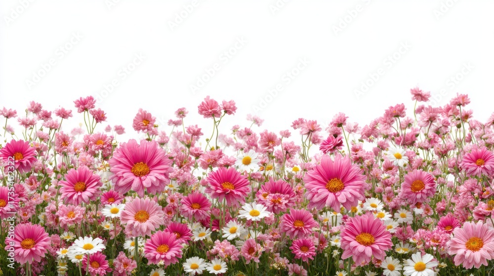 Obraz premium A vibrant field filled with blooming pink daisies and white blossoms captures the essence of spring. The flowers sway gently in the warm sunlight, creating a cheerful atmosphere.