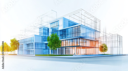 Modern architectural design featuring futuristic building with glass facades and geometric lines, surrounded by greenery and clear sky