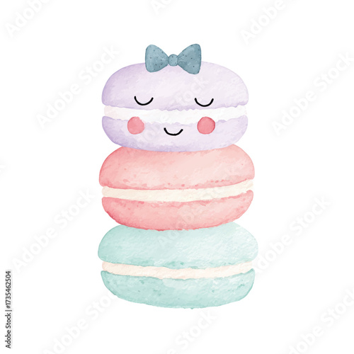 Cute Watercolor Macarons Stack Pastel Dessert Illustration.