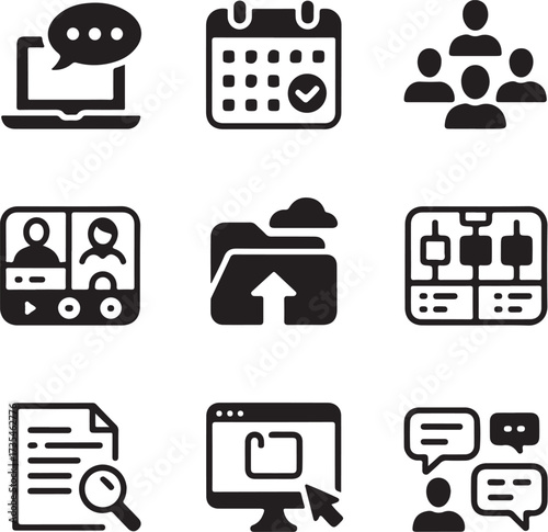 Nine icons representing remote work and team collaboration tools vector