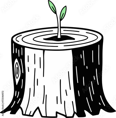 A simple cartoon drawing of a tree stump with a small green sprout growing from its center, symbolizing new life and regrowth.