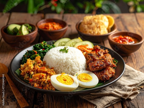 White rice, boiled eggs, and side dishes. The concept of a traditional Southeast Asian dish