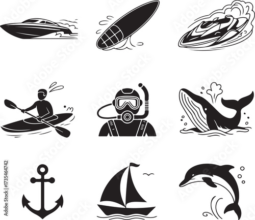 Nine Silhouettes of People Enjoying Water Activities on White Background activity swimming