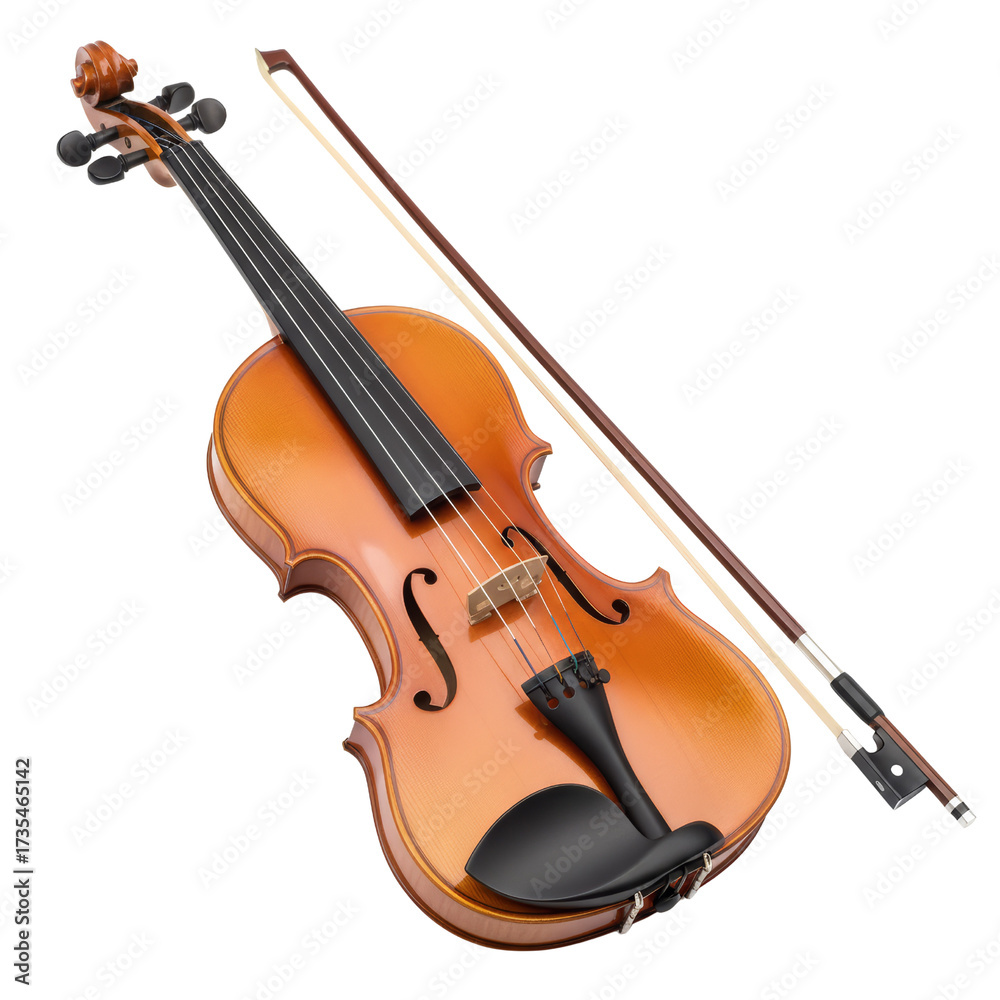 Fototapeta premium Elegant violin with bow casting graceful shadow on clean transparent backdrop for artistic use