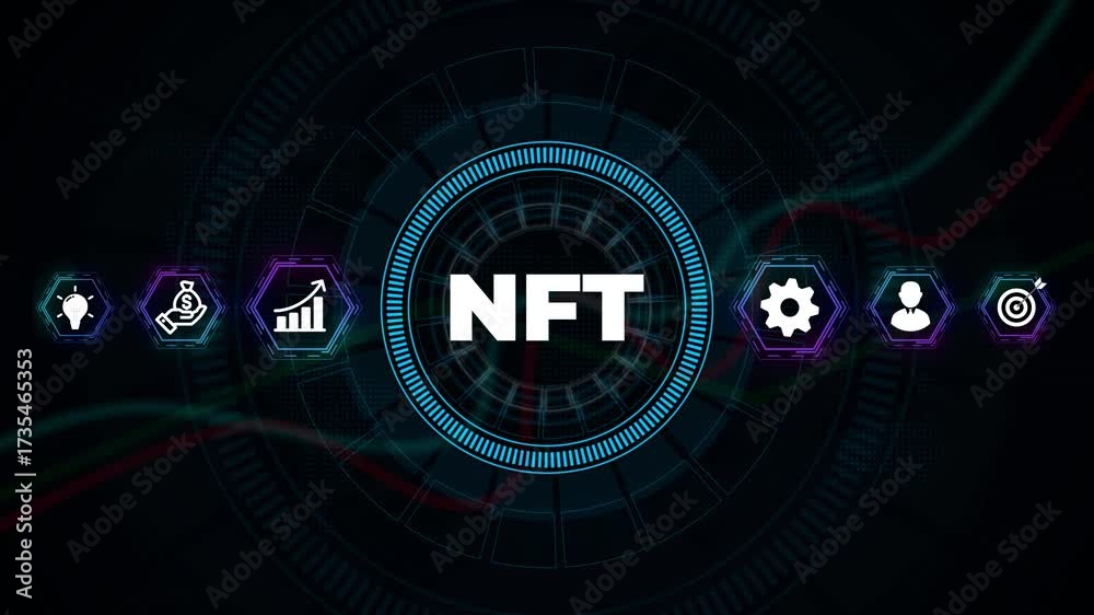 NFT Non-fungible token digital crypto on virtual screen.