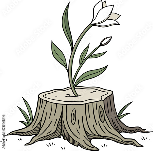 A single white flower symbolizing new life, hope, and rebirth grows from a cut tree stump.