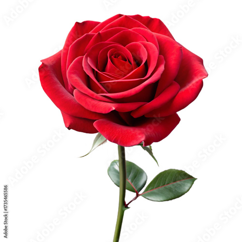 A single red rose with a green stem and leaves isolated against a black background in full bloom created with generated ai