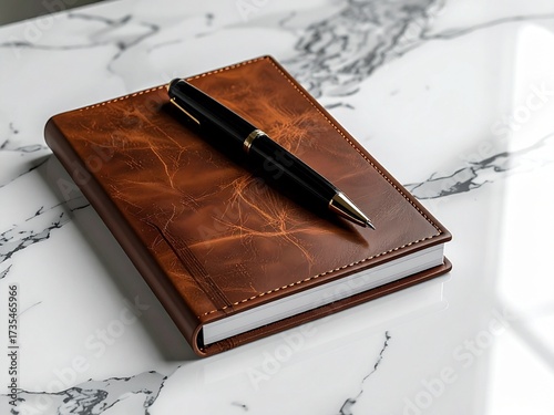 Notebook and pen on marble surface