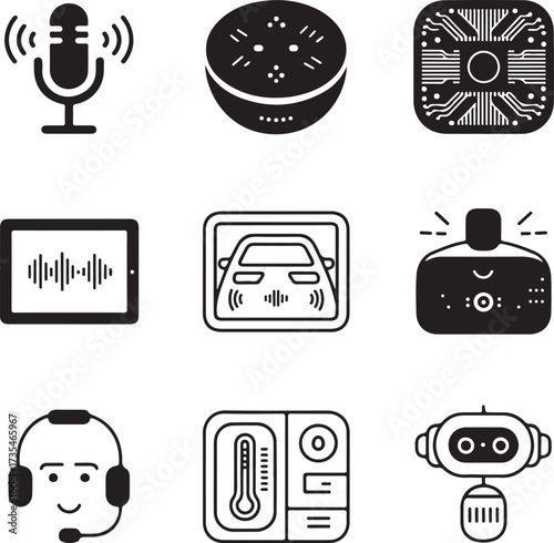Nine detailed voice controlled smart home icons on transparent background technology digital