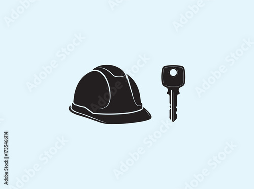 Flat Black Icon of Hard Hat and House Key Side by Side
