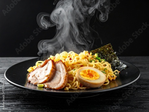 hot noodles with meat and egg in a pan