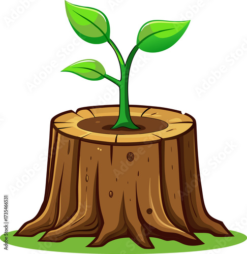 Cartoon illustration of a green plant growing out of a tree stump.