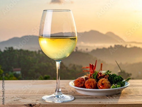 White wine and seafood overlooking mountains