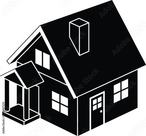 Simple black and white illustration of a two story house with a porch