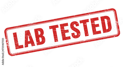 Official red stamp "lab tested" guaranteeing quality and reliability for products and services with a textured finish isolated on white background