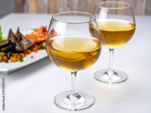 White wine glasses with appetizer