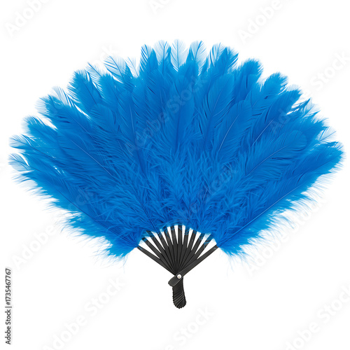 Bright blue ostrich feathers form a wide hand fan for burlesque costume