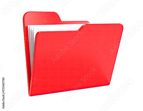 A bright red file folder, holding a stack of white paper, on a black background