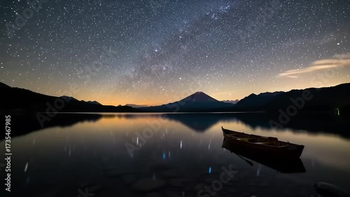 Night sky over mountain and lake reflecting stars and boat silhouette landscape scene