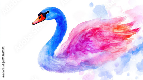 Vibrant watercolor painting of swan with blue body and pink wings, showcasing artistic brush strokes and dreamy background
