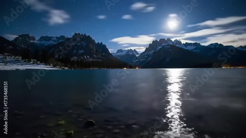 Nighttime mountain lake scene with bright moon and snow covered peaks reflective on calm water