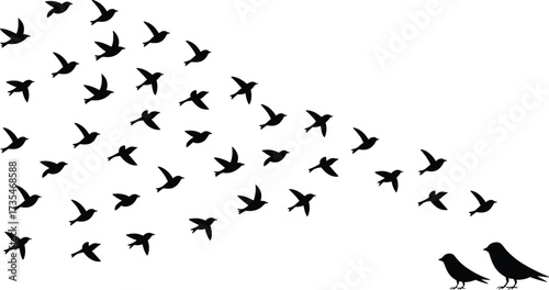 Flying bird silhouette illustration, flock of birds in flight, freedom concept, black vector design, migration pattern, wildlife art, nature symbol