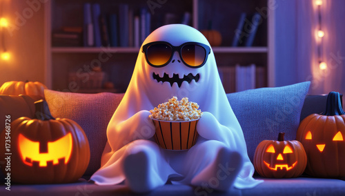 Cute ghost wearing sunglasses enjoying a movie with popcorn and a jack-o'-lantern nearby, celebrating halloween
