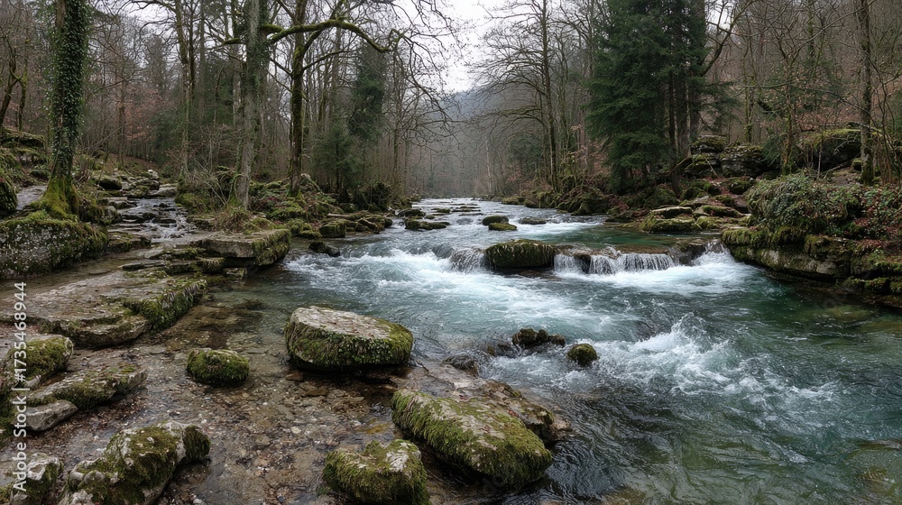 Obraz premium Stream flowing through mossy forest