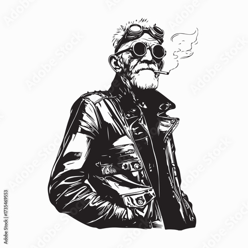 Old punk rock style elderly person leather jacket vector illustration on white background