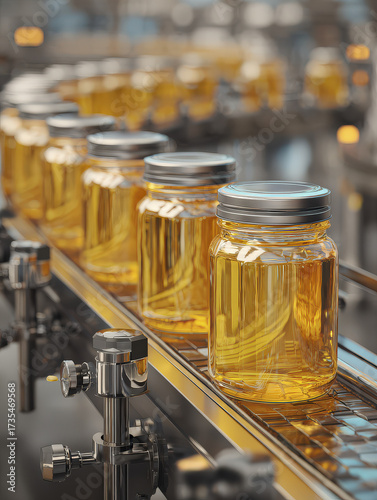 Rows of Honey Jars Moving on a Conveyor Belt Inside an Automated Food Processing Factory