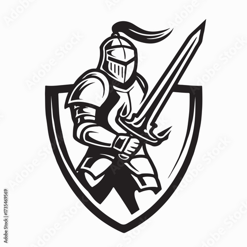Medieval knight with sword in shield logo vector strong warrior illustration