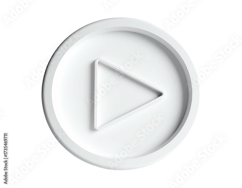 3D rendered white play button icon, recessed within a circular border