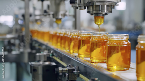 Honey Filling Process: Liquid Gold Dripping into Jars on a Conveyor in a Processing Plant