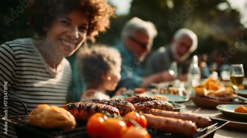 Summer BBQ: A heartwarming summer gathering of friends and family, enjoying a flavorful barbecue feast, embodies a day filled with laughter, togetherness.