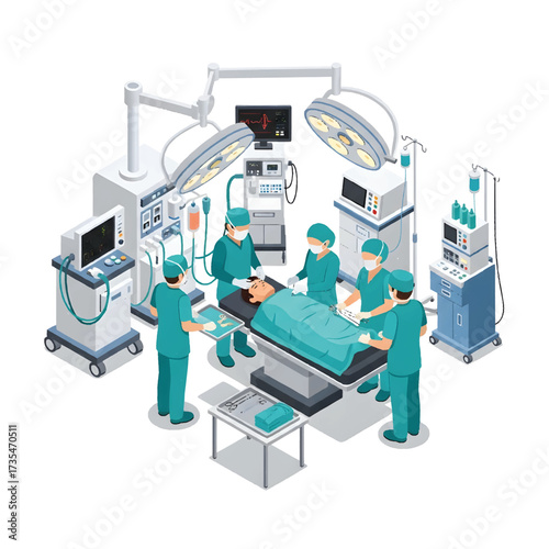 Isometric Illustration of Surgery Team in Operating Room