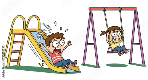 Playground Panic Children Experiencing Fear on Slide and Swings Illustration