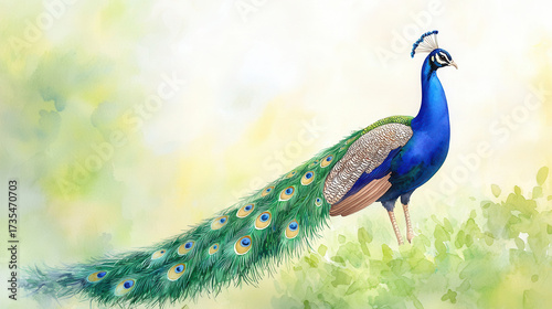 Vibrant peacock stands gracefully, showcasing its stunning blue and green plumage soft watercolor style. elegant feathers display intricate