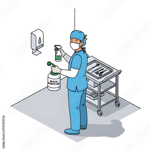 Surgeon Preparing Disinfectant Spray in Operating Room Vector