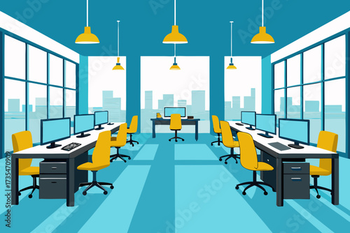 Modern open plan office space with computers and yellow chairs overlooking city skyline