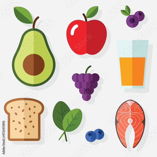 Healthy food icons avocado, apple, grapes, orange juice, bread, spinach, blueberries, and salmon